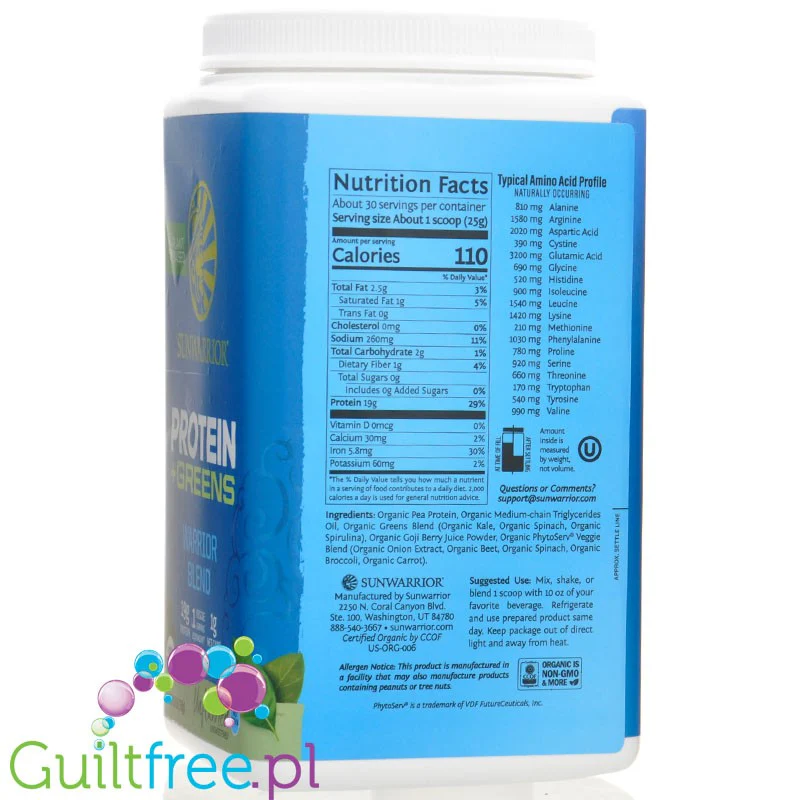 Sunwarrior Protein + Greens Warrior Blend, Natural 0,75kg - wegańska organiczna odżywka białkowa z ekstraktami roślinnymi i MCT - Image 2