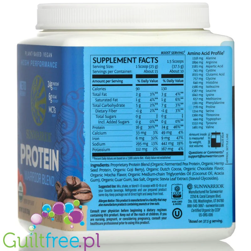 Sunwarrior Protein Warrior Blend 0,375kg, Mocha - wegańska organiczna odżywka białkowa z goji i MCT - Image 2