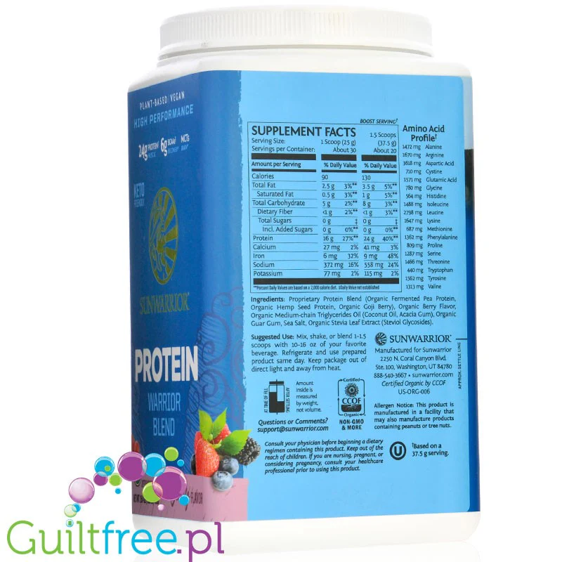 Sunwarrior Protein Warrior Blend 0,75kg, Berry - wegańska organiczna odżywka białkowa z goji i MCT - Image 3