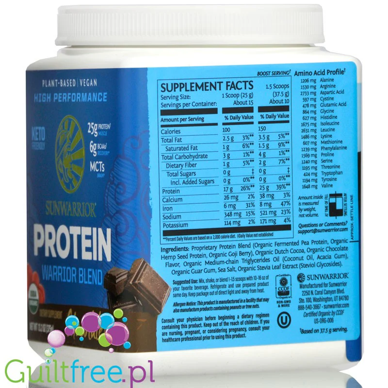 Sunwarrior Protein Warrior Blend, Chocolate 0,375kg - wegańska organiczna odżywka białkowa z goji i MCT - Image 4