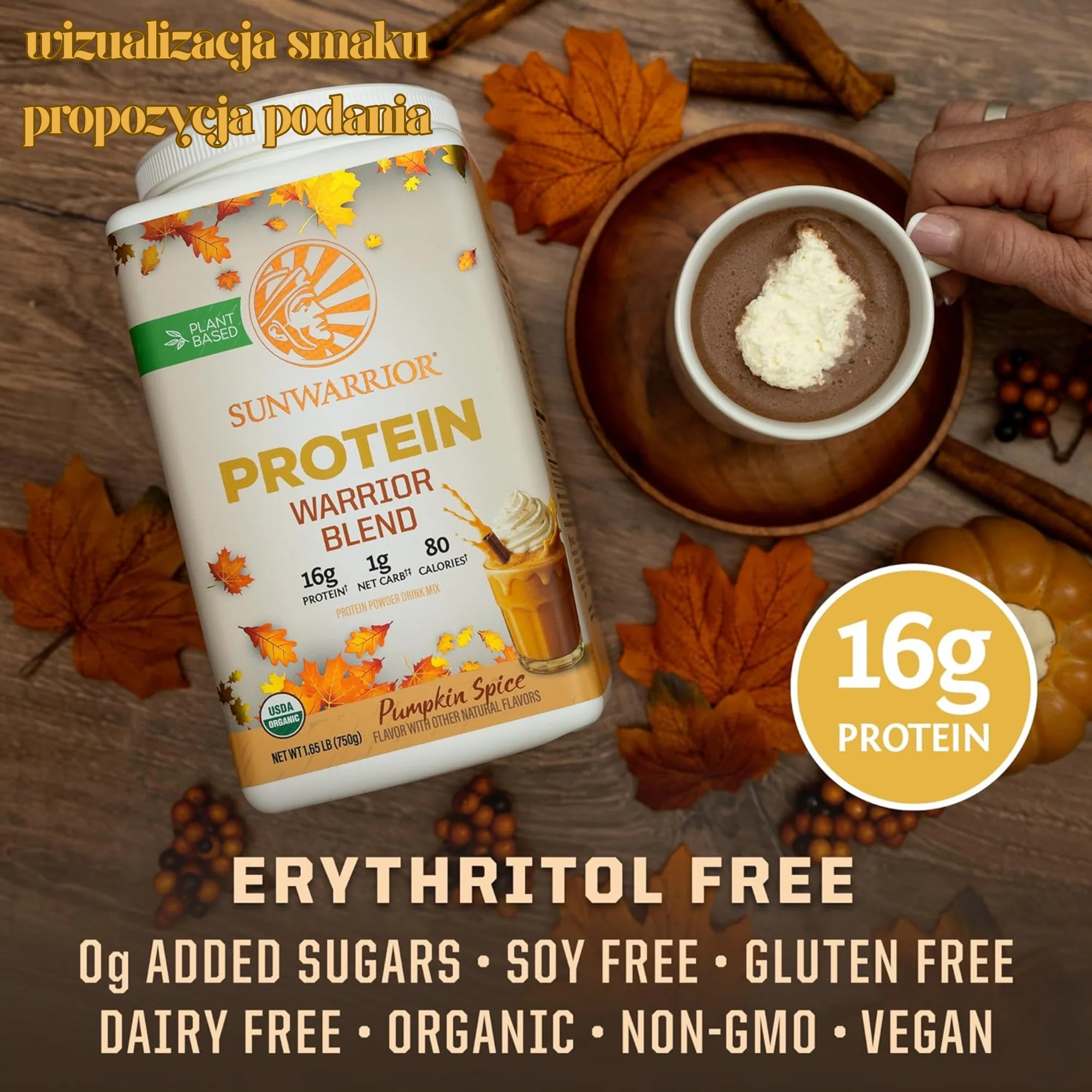 Sunwarrior Protein Warrior Blend Pumpkin Spice 750g - wegańska organiczna odżywka białkowa z goji i MCT - Image 5
