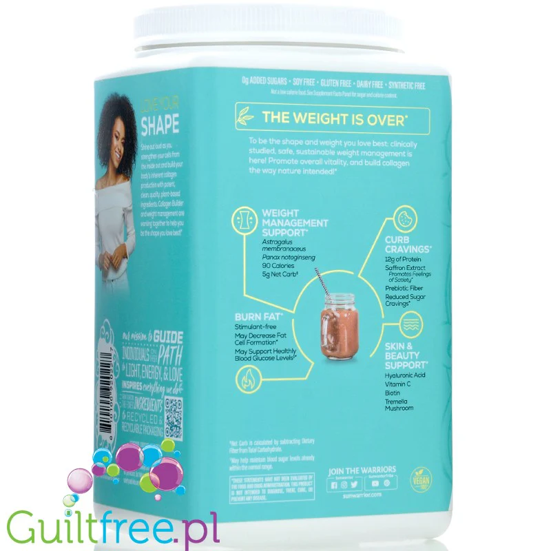 Sunwarrior Shape Slim Collagen Boost Beauty & Slimming Formula, Chocolate - wegańskie białko z formułą budującą kolagen - Image 3