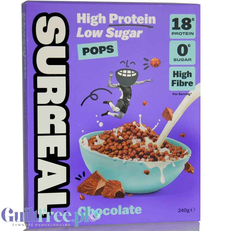 Surreal High Protein Pops Chocolate - proteinowe płatki śniadaniowe bez cukru ze stewią i erytrolem, kulki czekoladowe