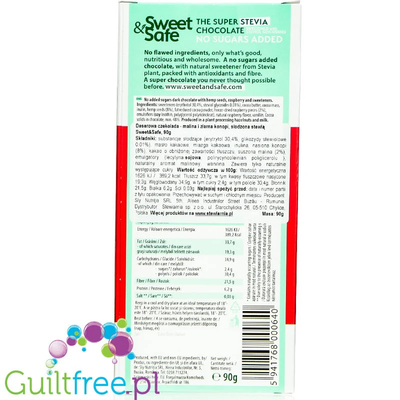 Sweet & Safe Stevia Dark Chocolate, Hemp & Raspberry - deserowa czekolada bez cukru, 31% mniej kcal, Maliny & Konopie - Image 2