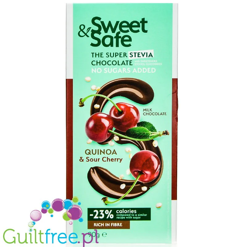 Sweet & Safe Stevia Milk Chocolate, Quinoa & Sour Cherry - mleczna czekolada ze stewią 23% mniej kcal, Wiśnie & Quinoa