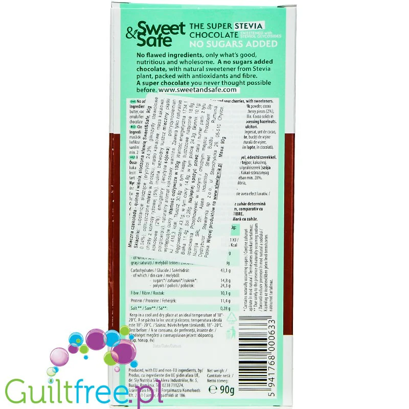 Sweet & Safe Stevia Milk Chocolate, Quinoa & Sour Cherry - mleczna czekolada ze stewią 23% mniej kcal, Wiśnie & Quinoa - Image 2