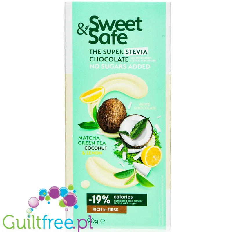 Sweet & Safe Stevia White Chocolate, Matcha, Coconut & Lemon - biała czekolada bez cukru ze stewią,19% mniej kcal
