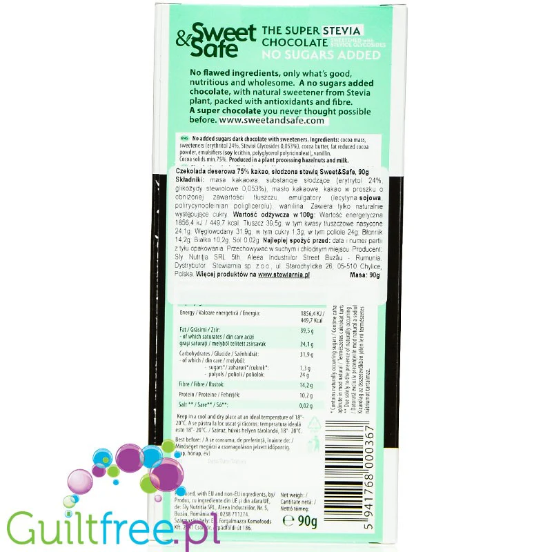 Sweet & Safe Super Stevia Dark Chocolate - ciemna czekolada bez cukru ze stewią 75% kakao - Image 2