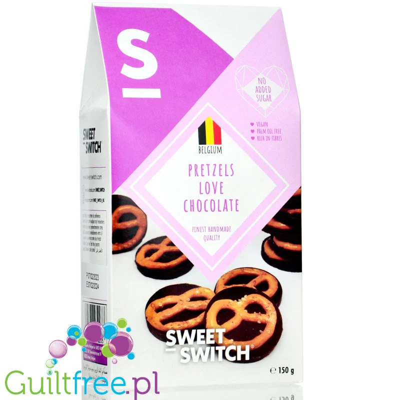 Sweet Switch Pretzels Love Chocolate - wegańskie talarki ciemnej czekolady bez cukru z precelkami