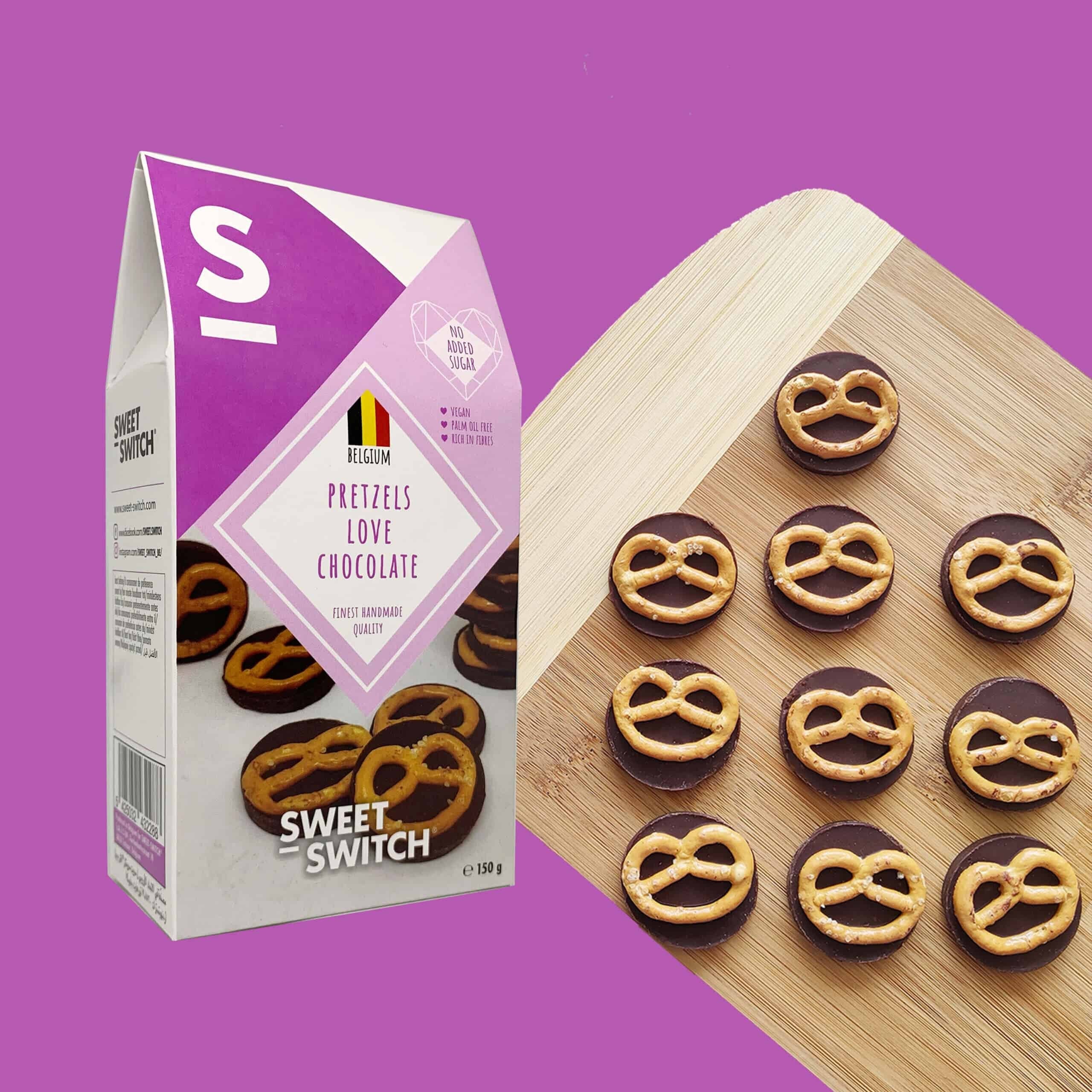 Sweet Switch Pretzels Love Chocolate - wegańskie talarki ciemnej czekolady bez cukru z precelkami - Image 4