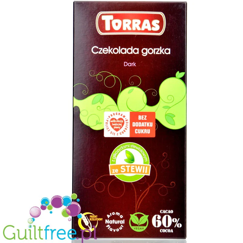 Torras Dark Stevia 60% Cocoa - gorzka czekolada bez cukru, słodzona tylko stewią i erytrolem