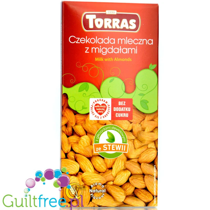 Torras Milk & Almonds Stevia 125g - mleczna czekolada z migdałami, słodzona stewią i erytrytolem, bez dodatku cukru