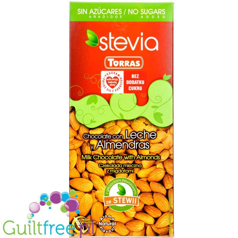 Torras Milk & Almonds Stevia 125g - mleczna czekolada z migdałami, słodzona stewią i erytrytolem, bez dodatku cukru - Image 2