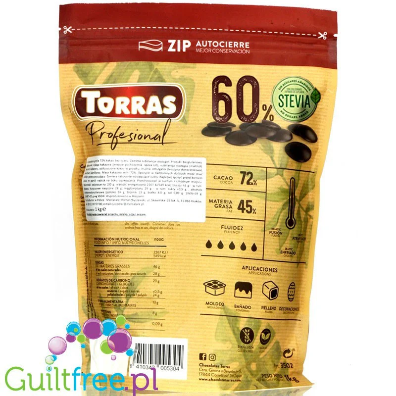 Torras Profesional Choco Drops ze Stevią 60% 1KG - kropelki wegańskiej gorzkiej czekolady bez dodatku cukru - Image 2