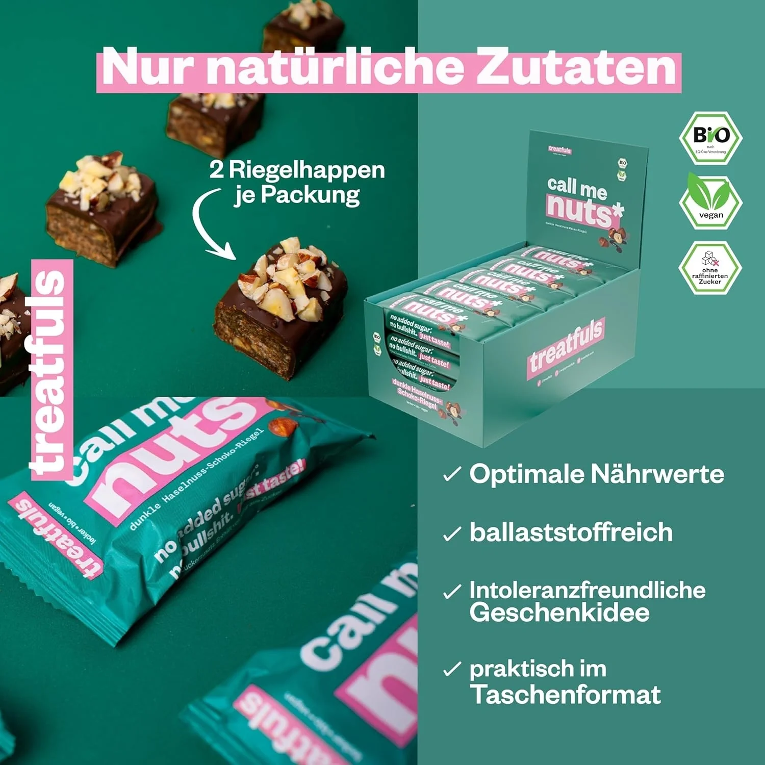 Treatfuls Call Me Nuts wegański organiczny baton z orzechów laskowych i nerkowca z gorzką czekoladą - Image 5