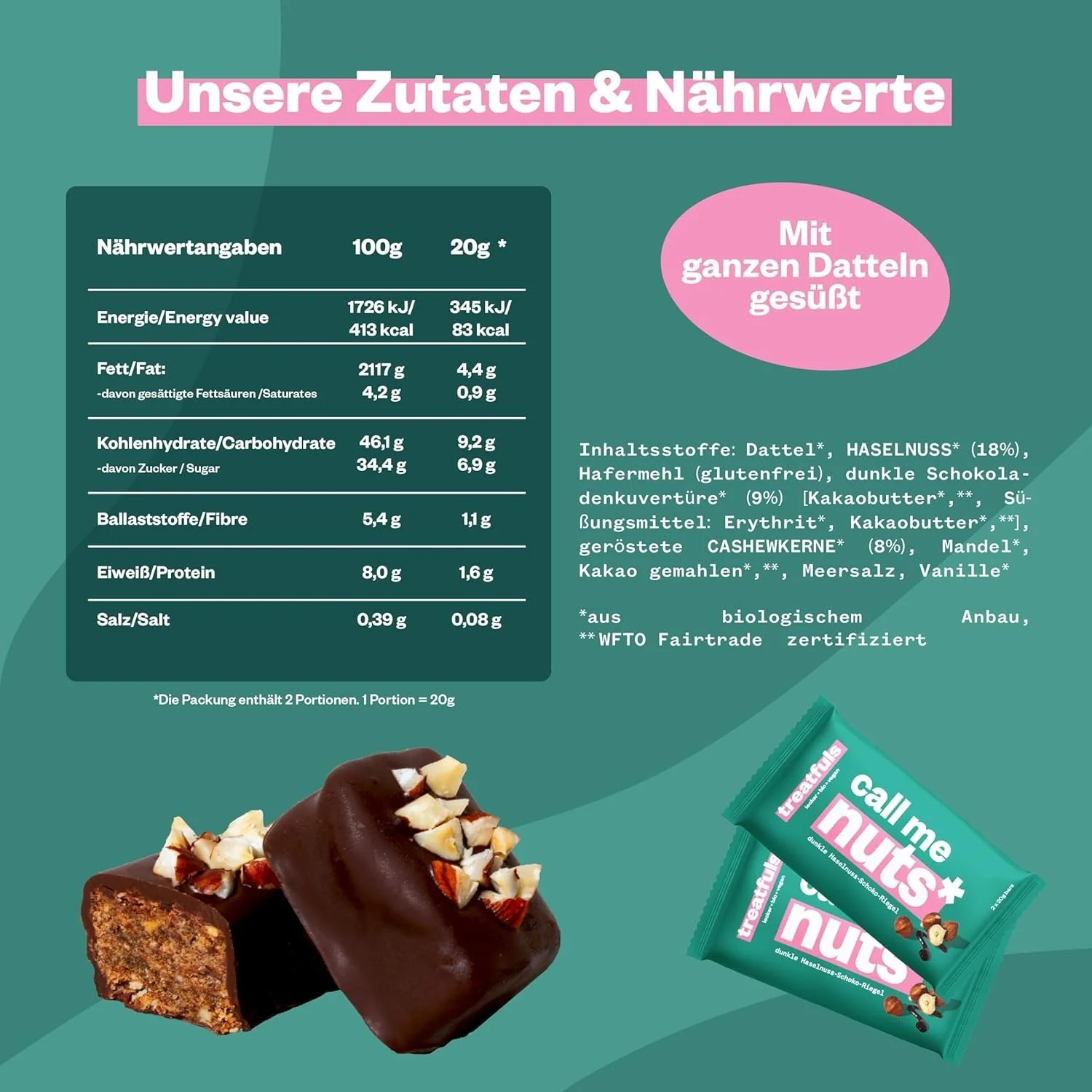 Treatfuls Call Me Nuts wegański organiczny baton z orzechów laskowych i nerkowca z gorzką czekoladą - Image 6