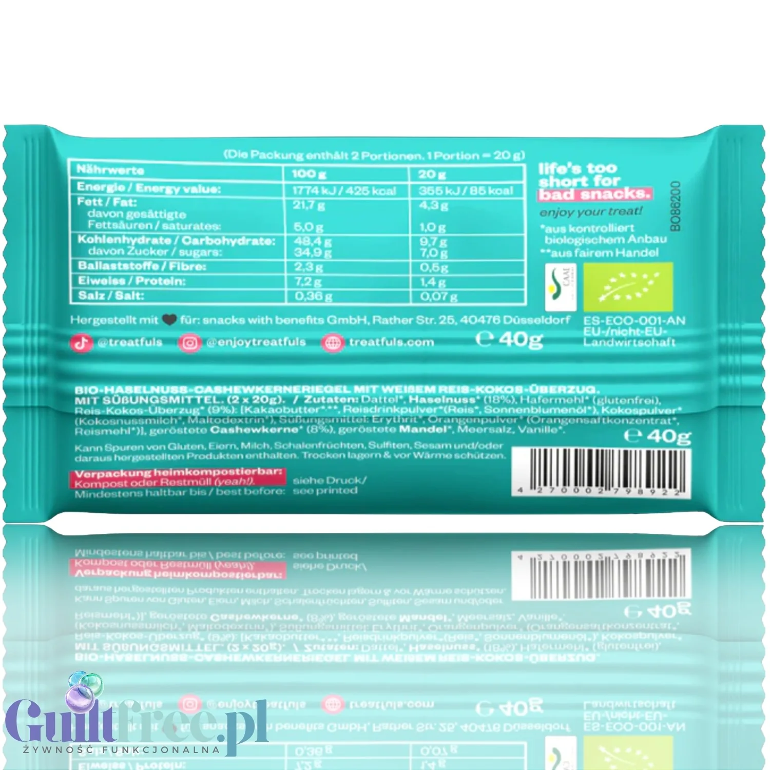 Treatfuls Healthier Than Your Last Relationship - wegański batonik organiczny z orzechami laskowymi i białą polewą z ksylitolem - Image 3