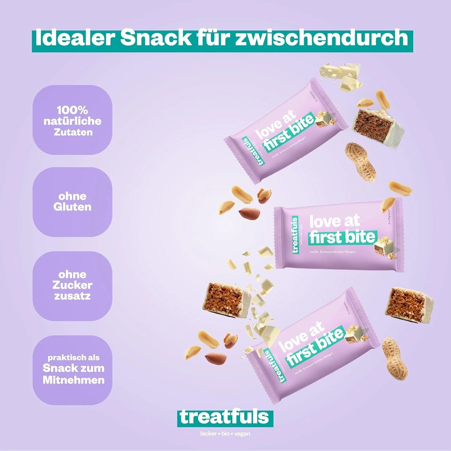 Treatfuls Love At First Bite - wegański organiczny batonik z orzechami ziemnymi w białej czekoladzie bez dodatku cukru - Image 2