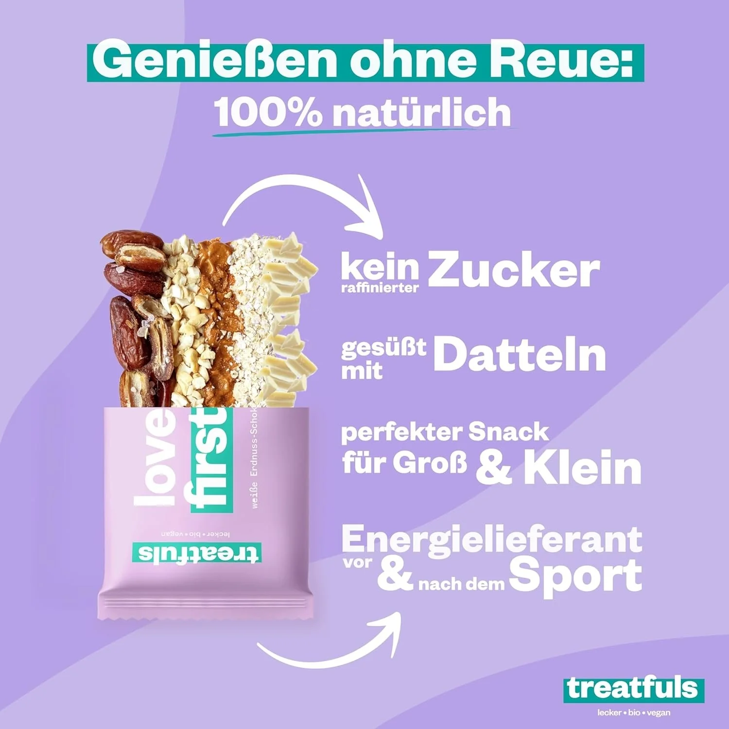 Treatfuls Love At First Bite - wegański organiczny batonik z orzechami ziemnymi w białej czekoladzie bez dodatku cukru - Image 4