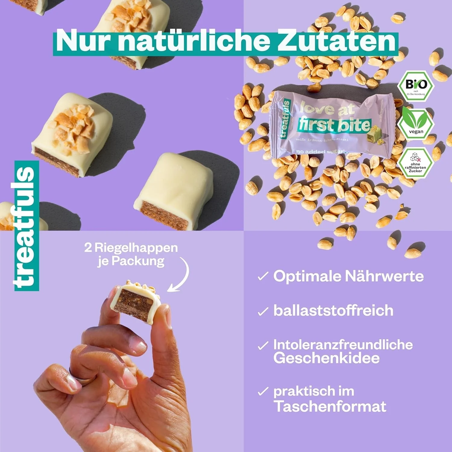 Treatfuls Love At First Bite - wegański organiczny batonik z orzechami ziemnymi w białej czekoladzie bez dodatku cukru - Image 5