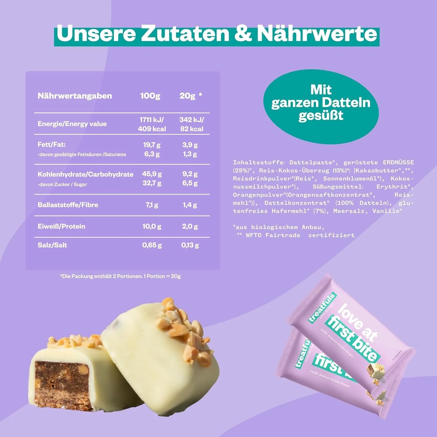 Treatfuls Love At First Bite - wegański organiczny batonik z orzechami ziemnymi w białej czekoladzie bez dodatku cukru - Image 6