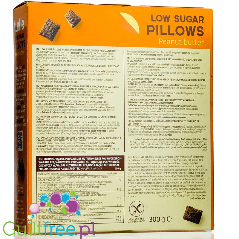 Turtle Low Sugar Peanut Butter Pillows - poduszki zbożowe z masłem orzechowym niska zawartość cukrów bezglutenowe BIO 300g - Image 3