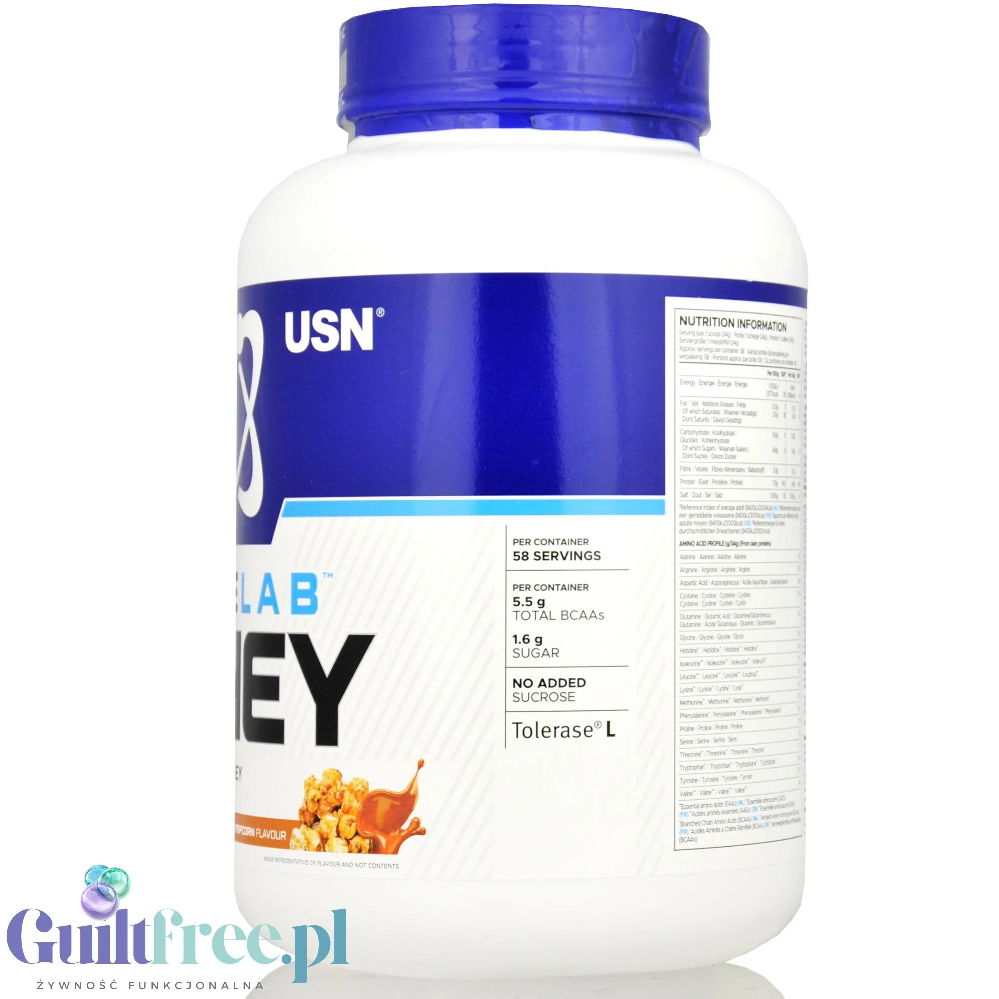 USN Blue Lab Whey Caramel Popcorn 2kg - odzywka białkowa WPI, WPC, WPH z Tolerase L - Image 2