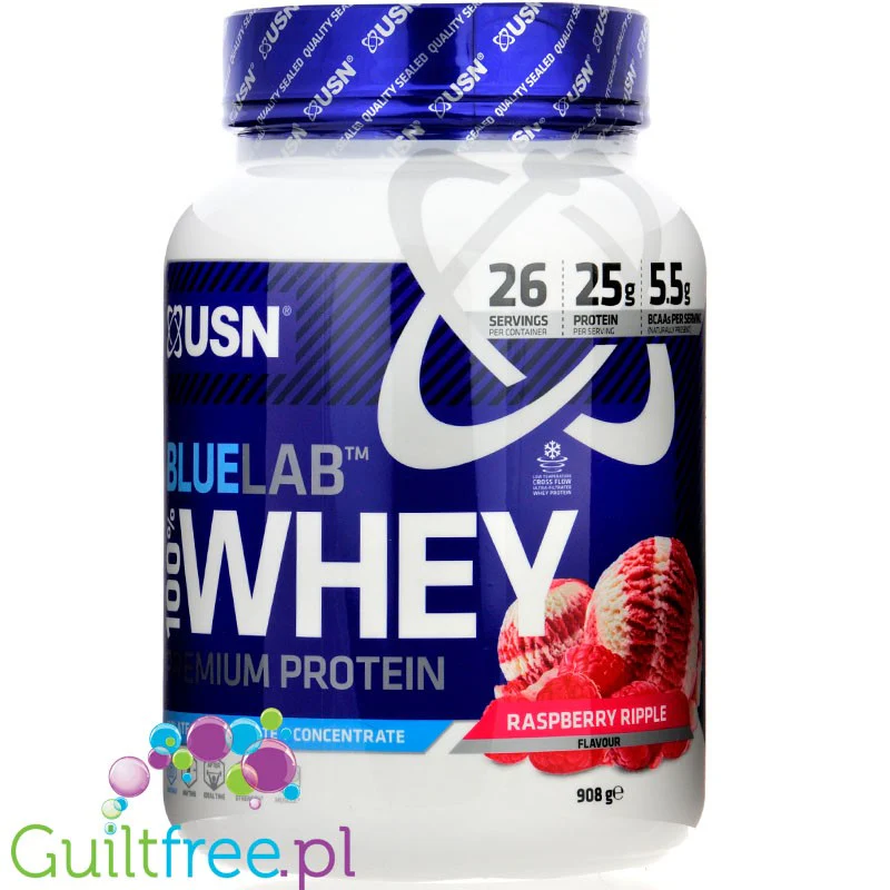 USN Blue Lab Whey Raspberry Ripple 0,9kg - odzywka białkowa WPI, WPC, WPH z Tolerase  L