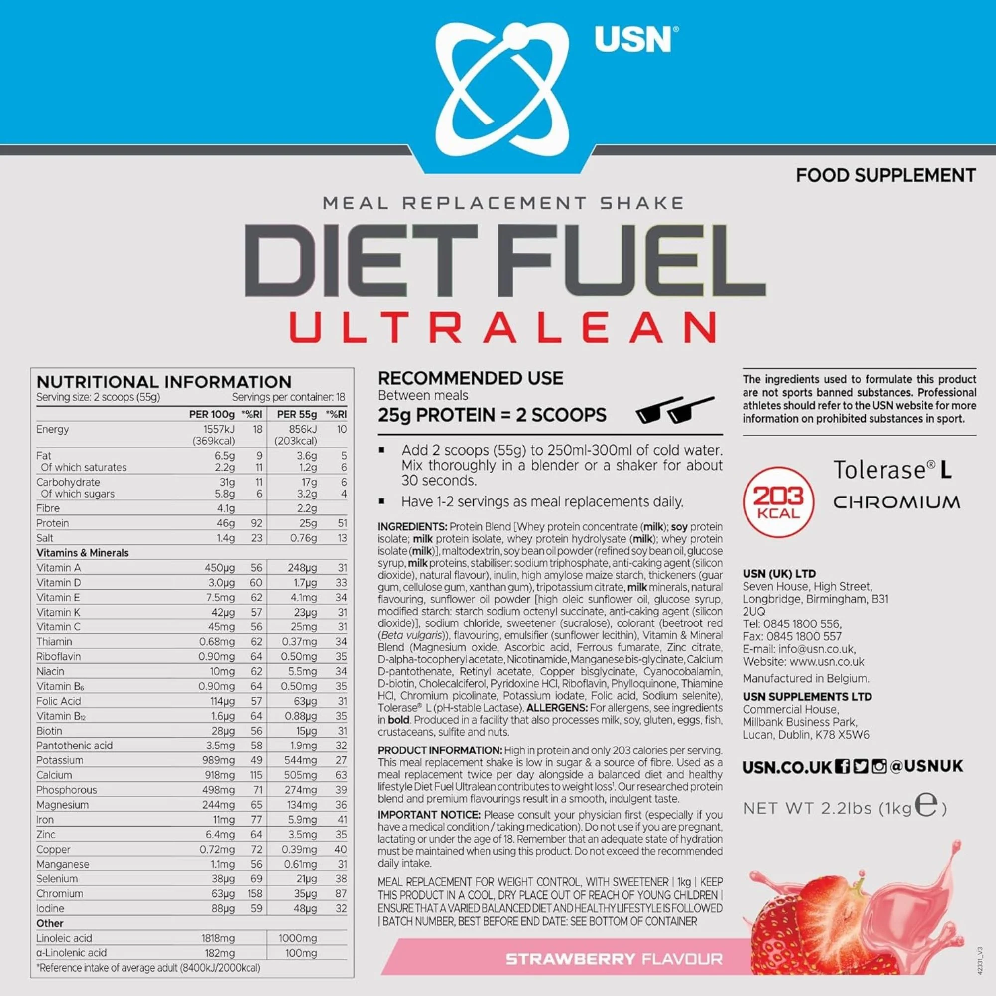 USN DietFuel Ultra Lean Meal Replacement Strawberry 1kg - koktajl białkowy, substytut posiłku, smak Truskawka - Image 8