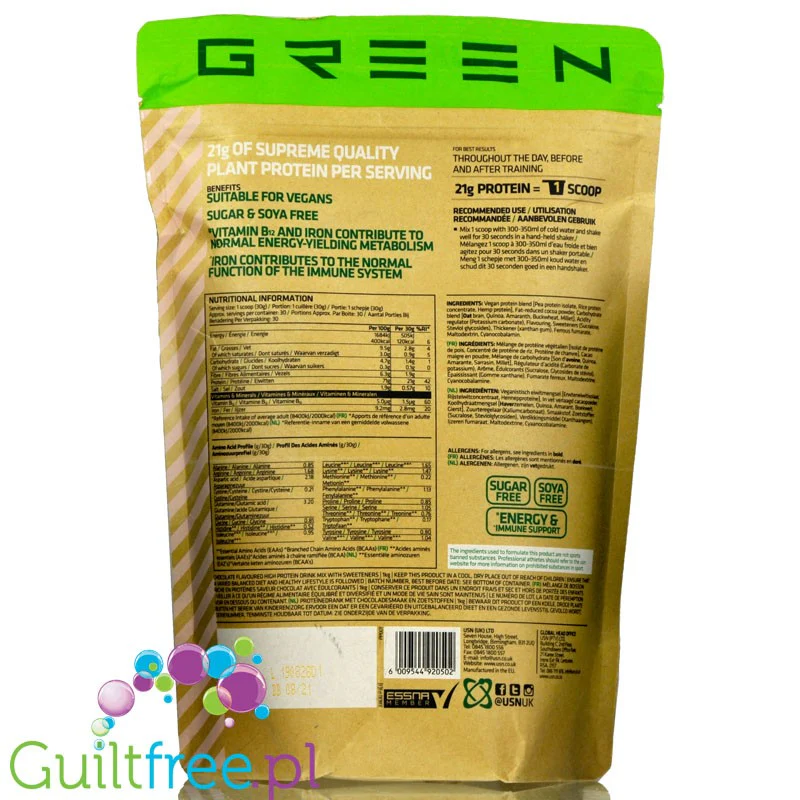 USN Vegan Plant Protein Chocolate 0,9kg - wegańska odżywka białkowa bez soi, ze stewią - Image 2