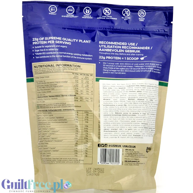 USN Vegan Plant Protein Chocolate 0,9kg - wegańska odżywka białkowa bez soi, ze stewią - Image 4