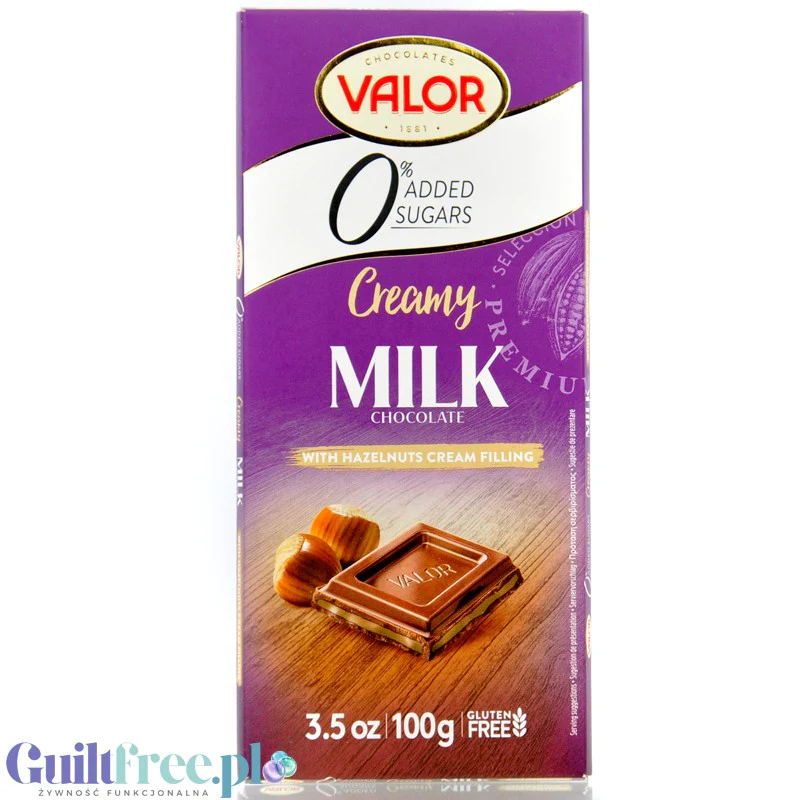 Valor Creamy Milk & Hazelnut Cream - bezglutenowa mleczna czekolada bez dodatku cukru z orzechami laskowymi i masą pralinową