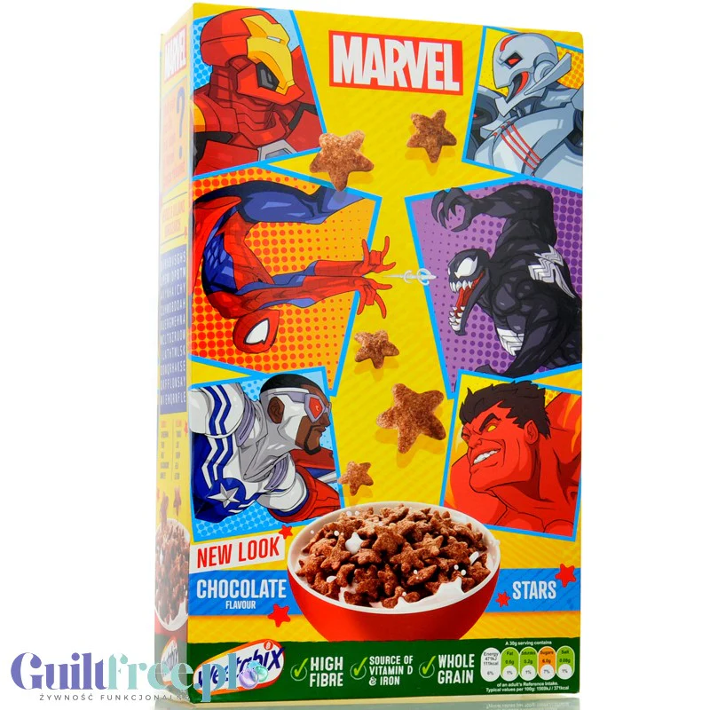 Weetabix Marvel Chocolate Stars - pełnoziarniste płatki śniadaniowe z żelazem i witaminami