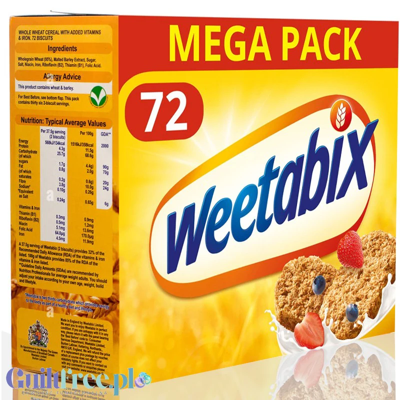 Weetabix Mega Pack 72 sztuki - prasowane pełnoziarniste płatki śniadaniowe w brykietach z żelazem i witaminami