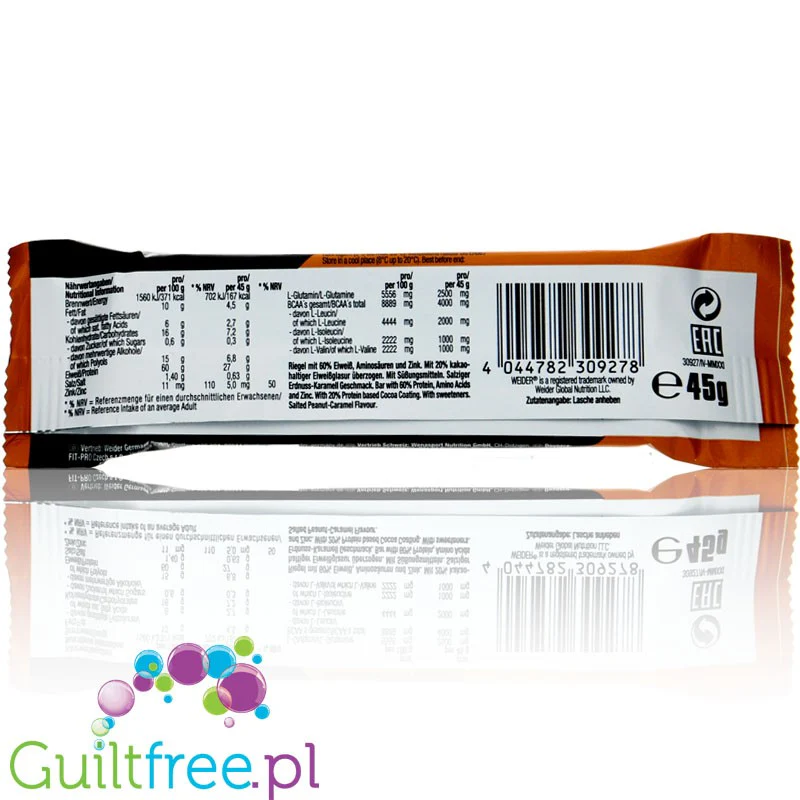 Weider 60% Protein Bar Salted Peanut-Caramel - baton proteinowy 27g białka & 167kcal - Image 2