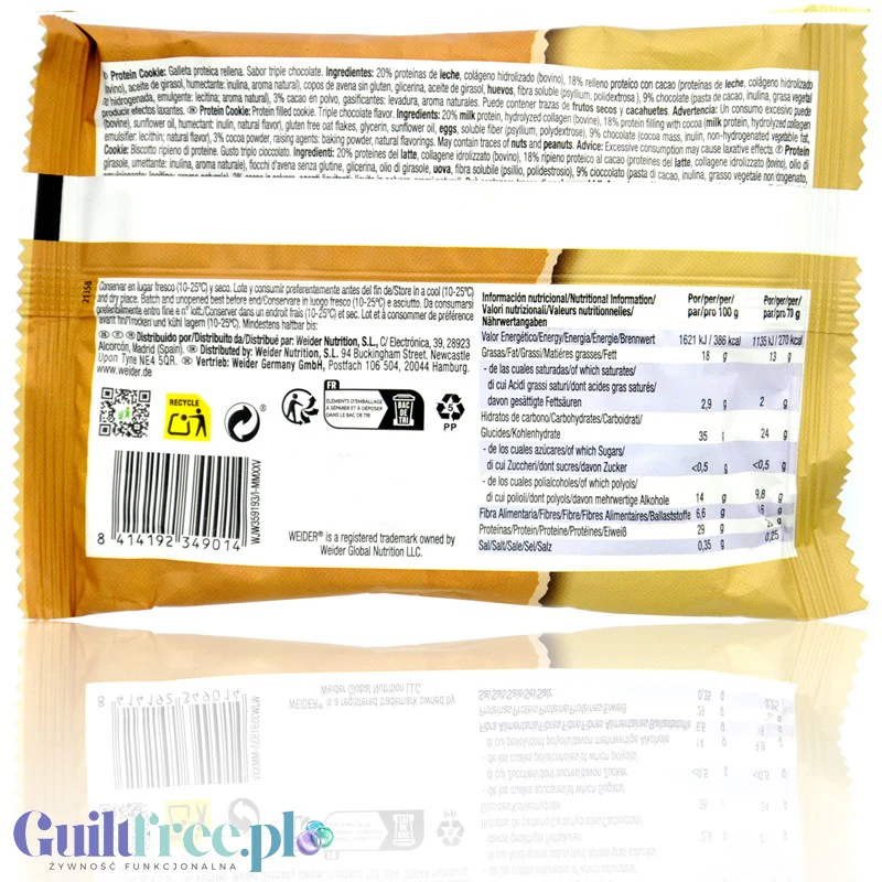 Weider Protein Cookie Triple Chocolate - wysokobiałkowe czekoladowe ciastko z kawałkami czekolady - Image 2