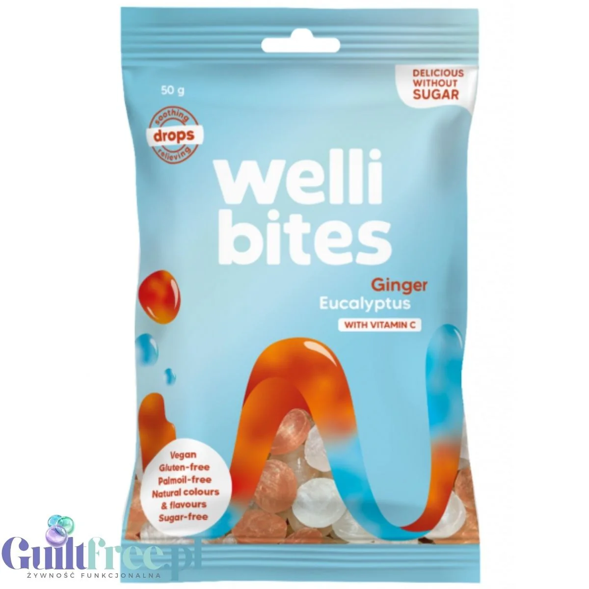 Wellibites Ginger Eucalyptus Drops - łagodzące dropsy na gardło bez cukru, smak Imbir & Eukaliptus - Image 2