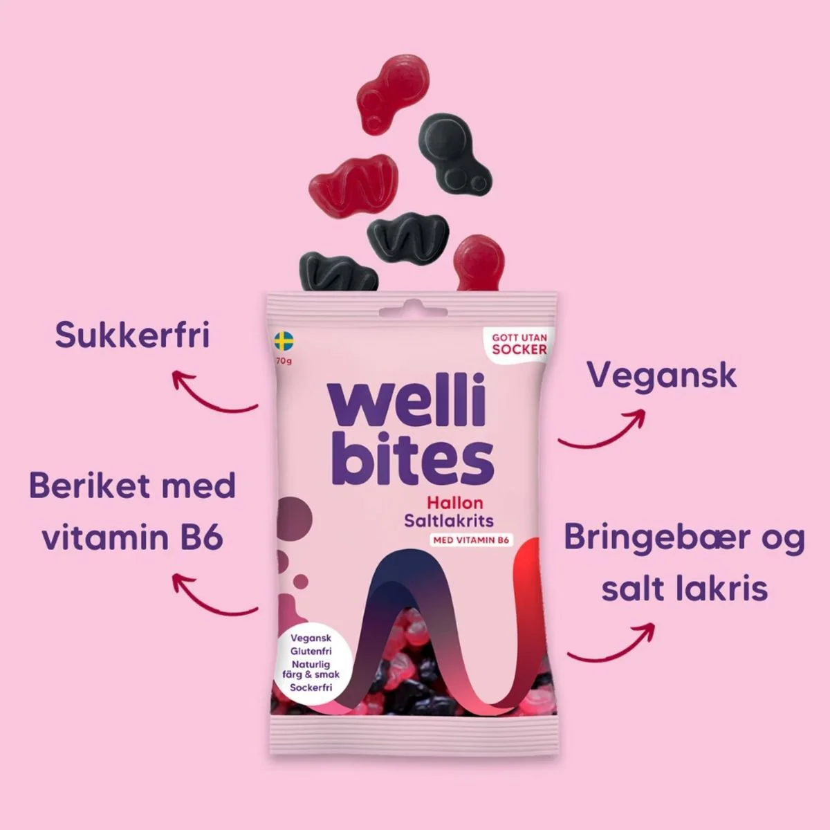 Wellibites Raspberry & Salty Liquorice - wegańskie żelki malinowo-lukrecjowe bez cukru z witaminą B6 - Image 3