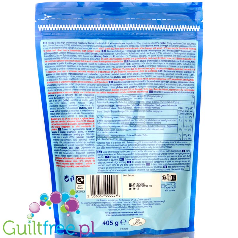 Wrigley's Hubba Bubba Clear Whey Protein Blue Raspberry - odżywka proteinowa 20g białka w 87kcal - Image 2