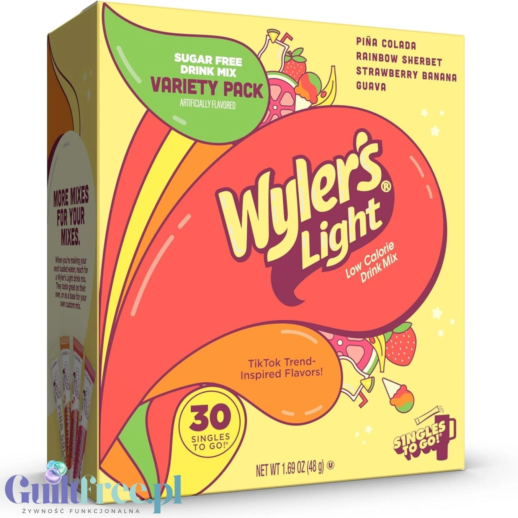 Wyler's Singles To Go 30' Pina Colada, Rainbow Sherbet, Strawberry Banana, Guava - saszetki smakowe do wody bez cukru i kcal