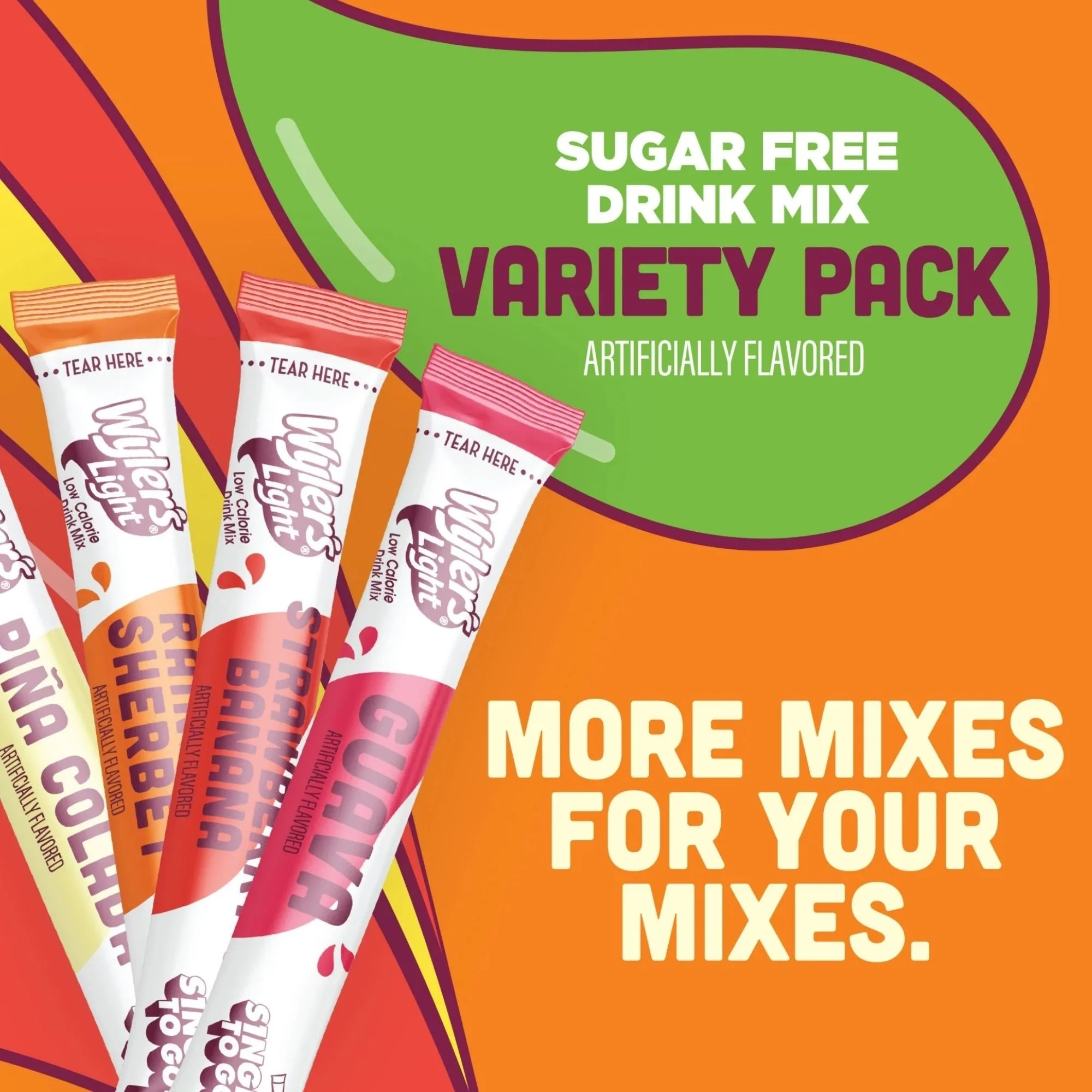 Wyler's Singles To Go 30' Pina Colada, Rainbow Sherbet, Strawberry Banana, Guava - saszetki smakowe do wody bez cukru i kcal - Image 2