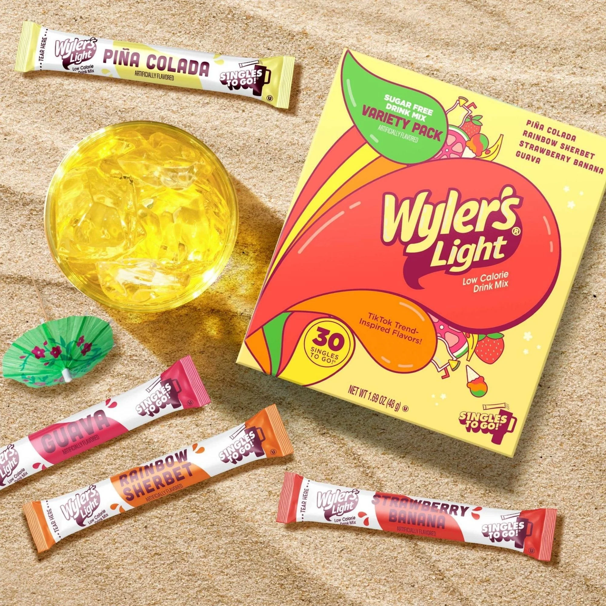 Wyler's Singles To Go 30' Pina Colada, Rainbow Sherbet, Strawberry Banana, Guava - saszetki smakowe do wody bez cukru i kcal - Image 3