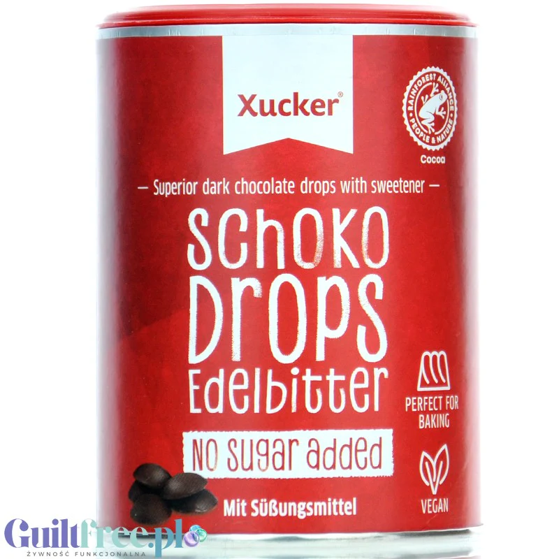 Xucker Dark Chocolate Drops 75% - krople wegańskiej ciemnej czekolady bez cukru, tylko z ksylitolem