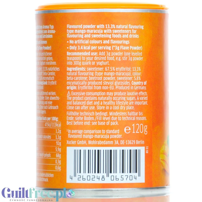 Xucker Flave Powder Mango-Passionfruit - aromat słodzący w proszku bez cukru, ze stewią i erytrolem, smak Mango-marakuja - Image 3