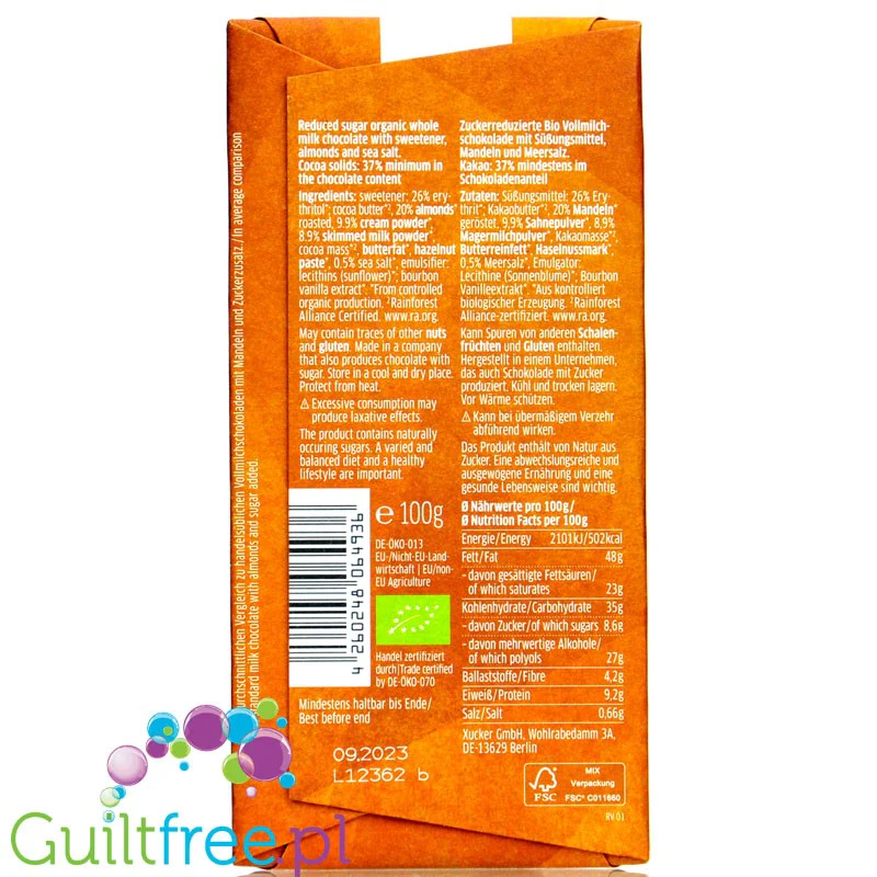 Xucker Organic Almond Salt Chocolate - bio mleczna czekolada bez cukru z solonymi migdałami, z erytrolem - Image 2