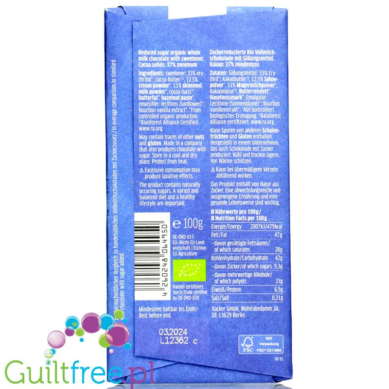 Xucker Organic Milk Chocolate - bio czekolada mleczna bez cukru z erytrolem - Image 2