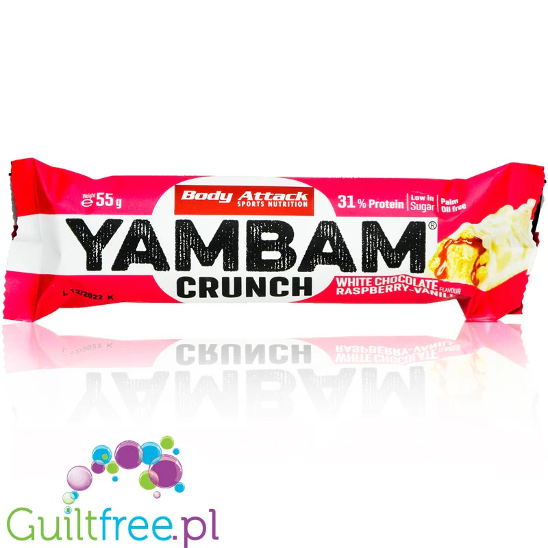 YamBam Crunch White Chocolate Raspberry-Vanilla - baton białkowy 31% białka, Biała Czekolada, Maliny & Wanilia