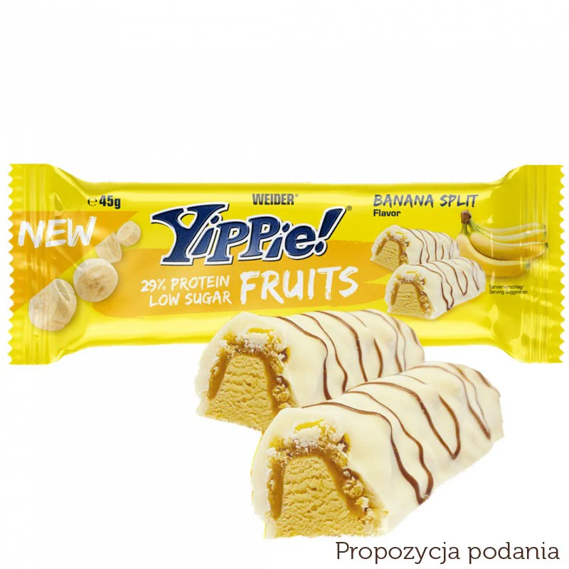 Yippie! Bar Fruits, Banana Split, baton proteinowy 174kcal & 13g białka, Banan, Karmel & Biała Czekolada - Image 3
