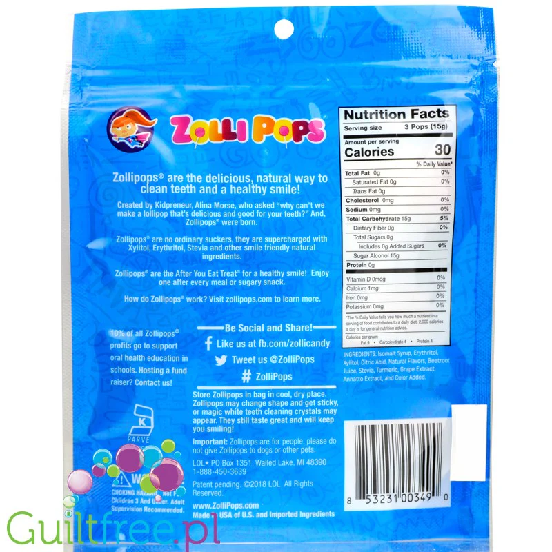 Zollipops ® lizaki bez cukru z ksylitolem i stewią, 6 smaków, opakowanie 8szt - Image 2